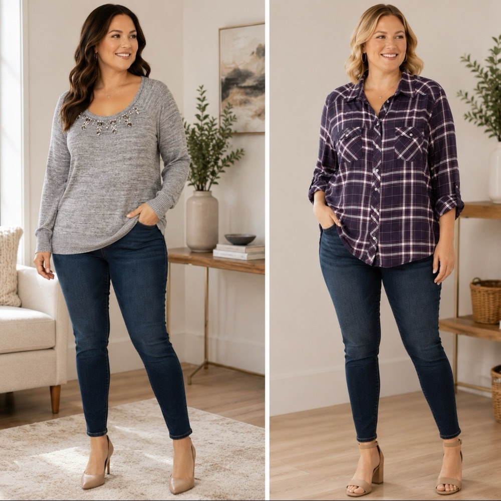 Torrid Tops Bundle of Two Size 2X Gray Embellished Sweater and Plaid Button Top